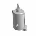 Black cylindrical motorcycle starter motor with mounting bracket and gear shaft by Polaris.