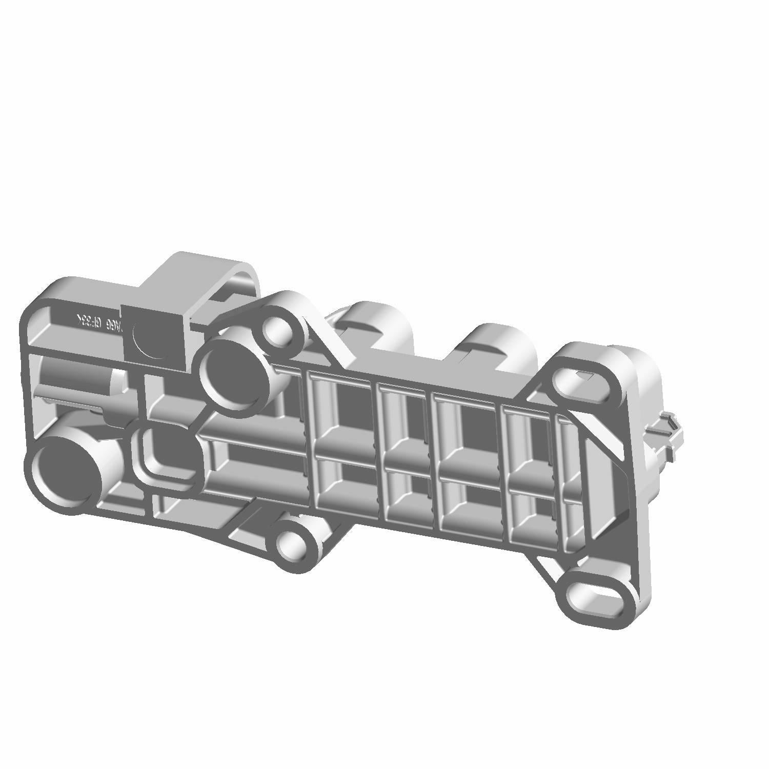 Gray plastic block terminal connector with multiple cylindrical openings and mounting holes.