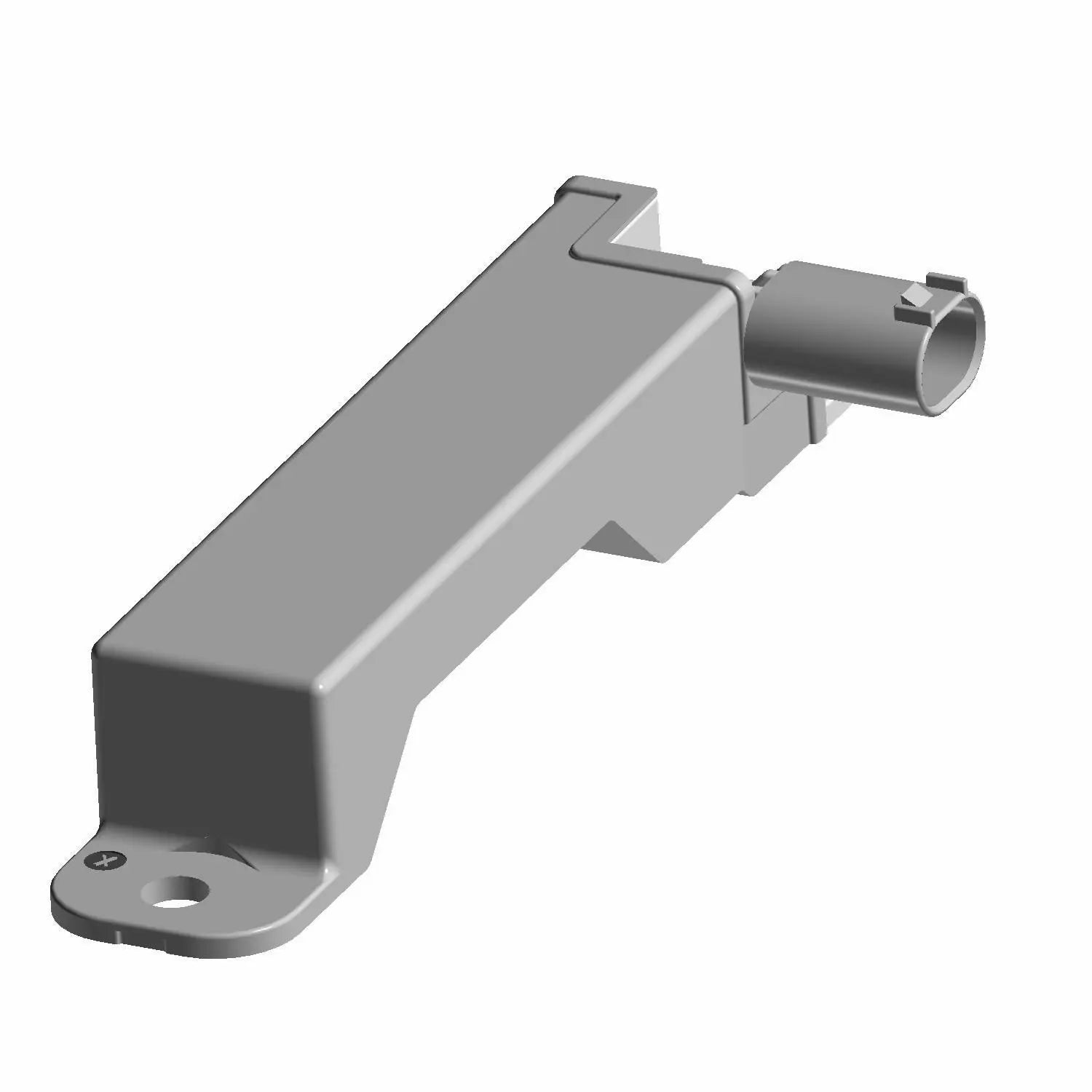 A 3D-rendered image of a gray Antenna by Polaris, featuring a rectangular body with mounting flange, screw holes, and an electrical connector, similar to components used in motorcycle systems.