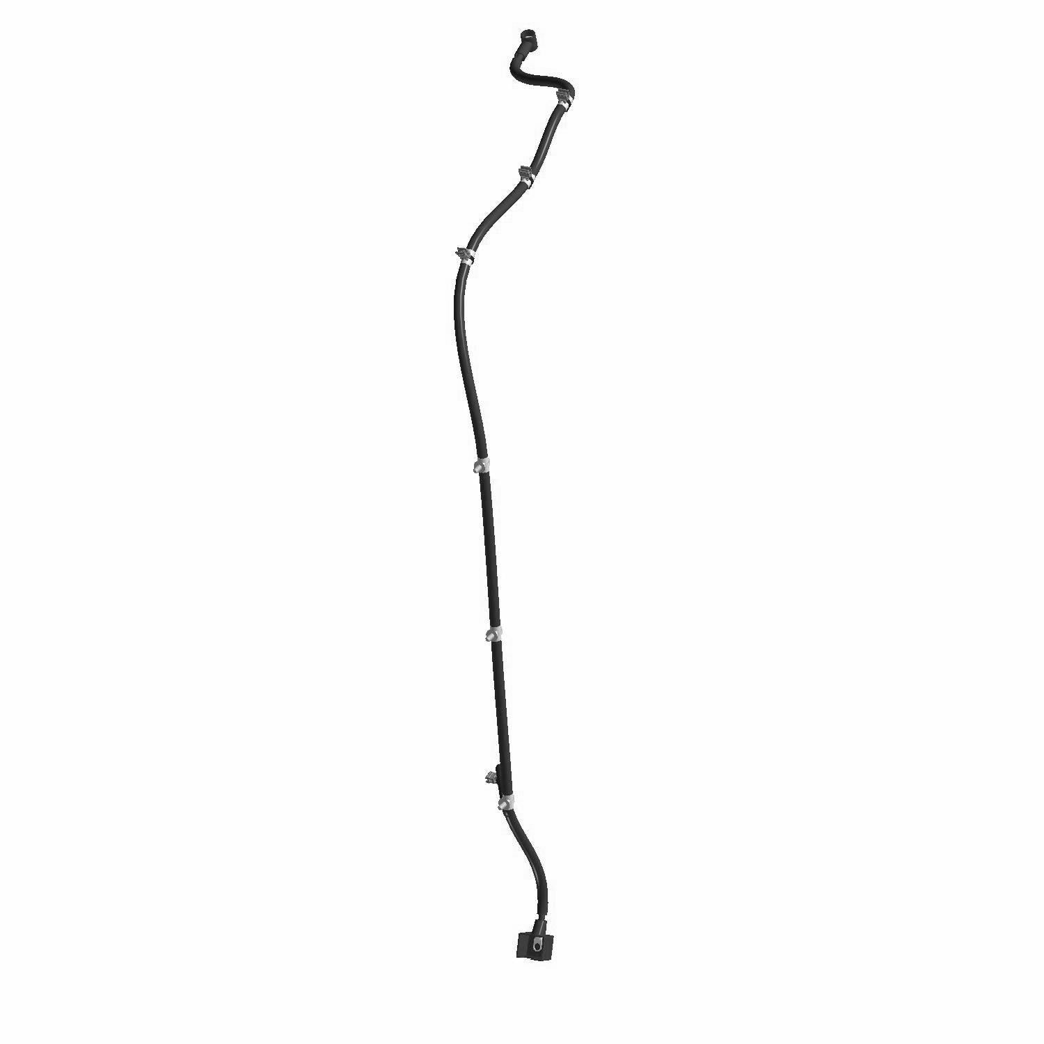 Black curved automotive cable with multiple connectors and clips along its length.