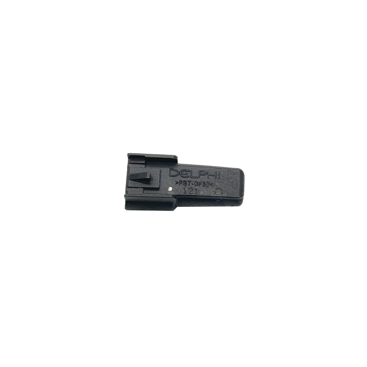 Black rectangular plastic harness resistor with small connector end and molded text on surface.