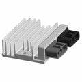 Silver aluminum voltage regulator with heat-dissipating fins and dual black electrical connectors.