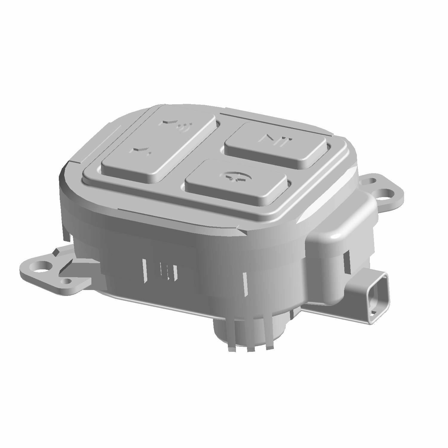 Gray plastic steering wheel module switch with four raised buttons and electrical connector ports.
