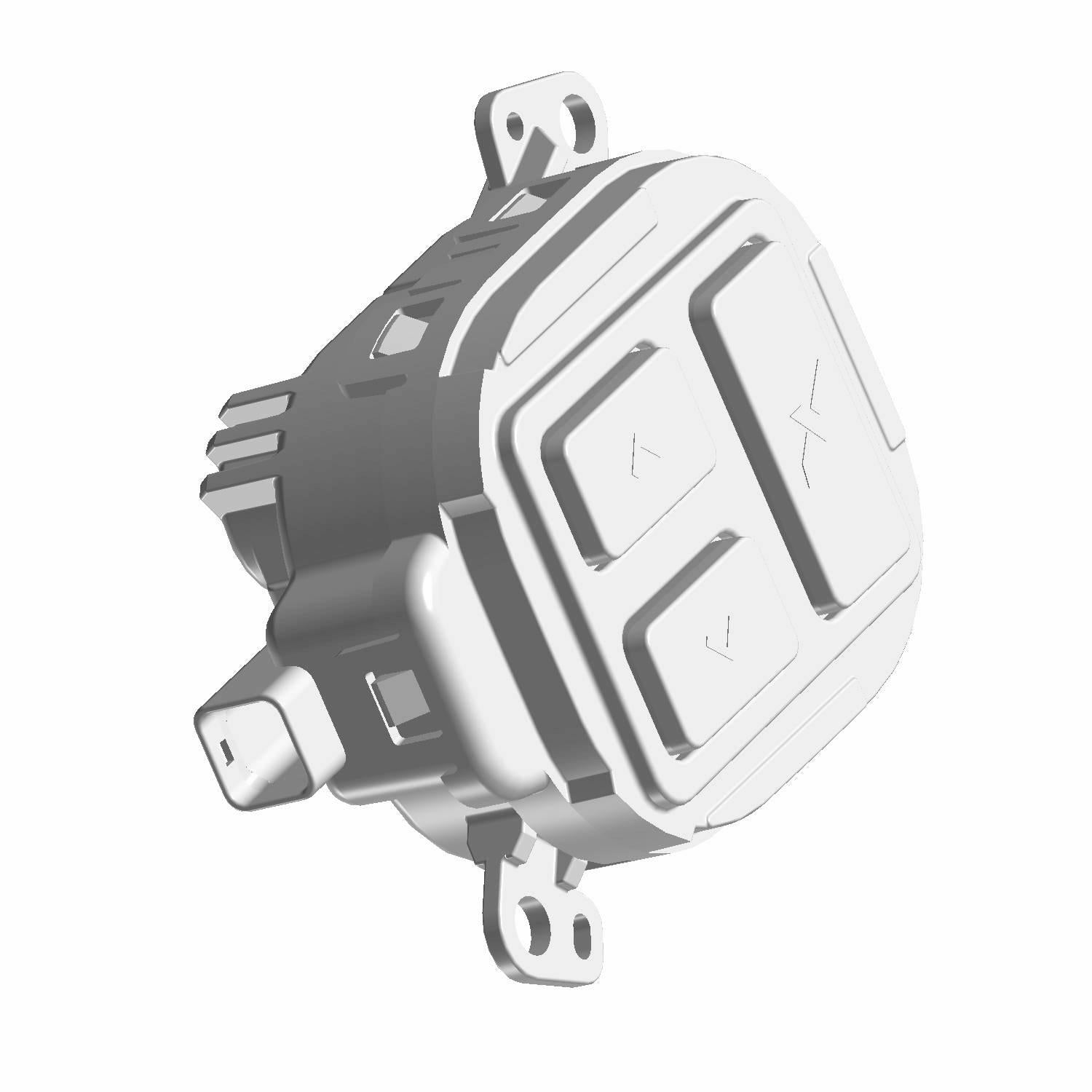 Black plastic rectangular steering wheel module switch with arrow and plus-minus buttons, mounting brackets on sides.