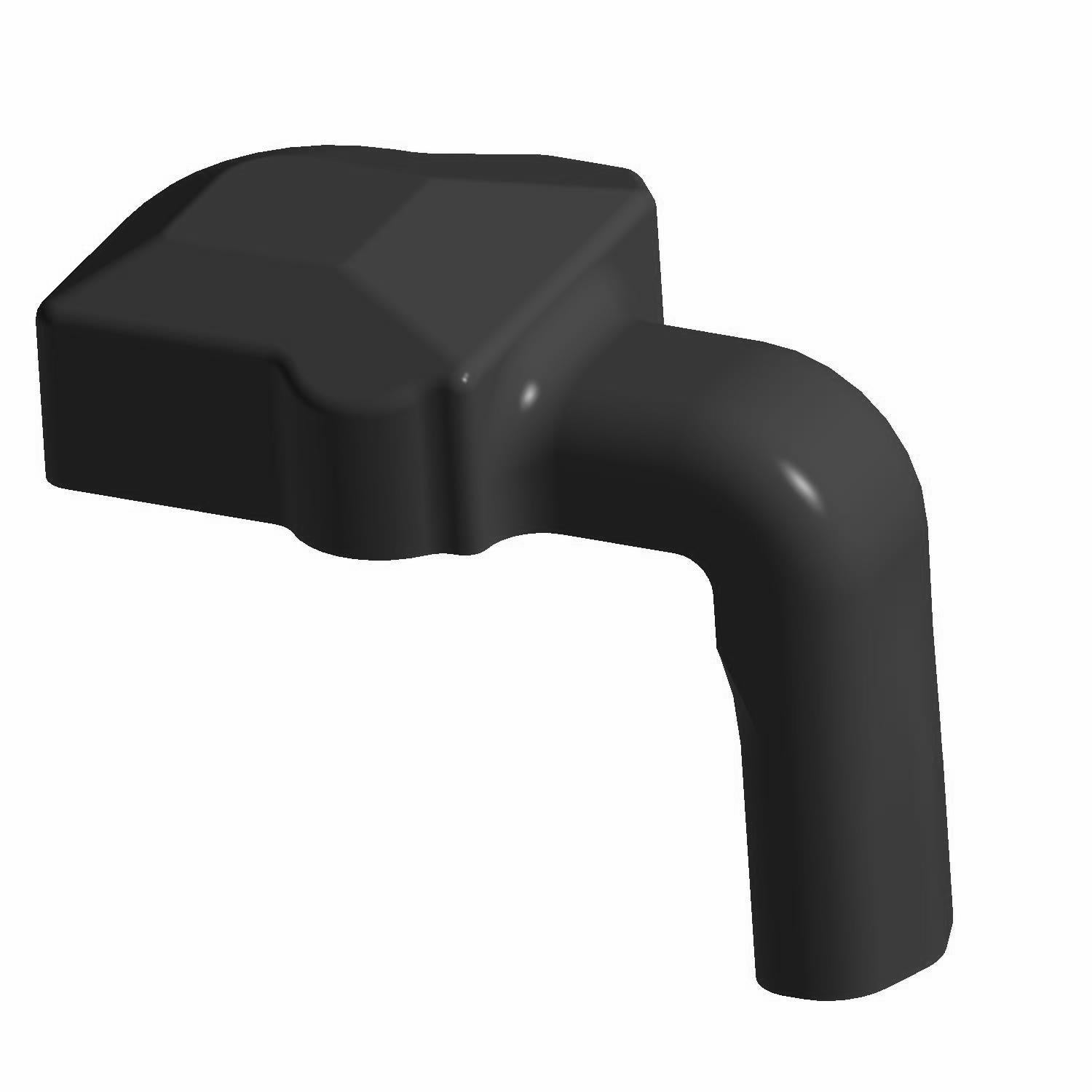 Black molded plastic terminal cap with angled design and rounded cylindrical extension.