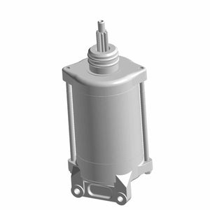 Black cylindrical starter motor with metal gear shaft and mounting bracket.