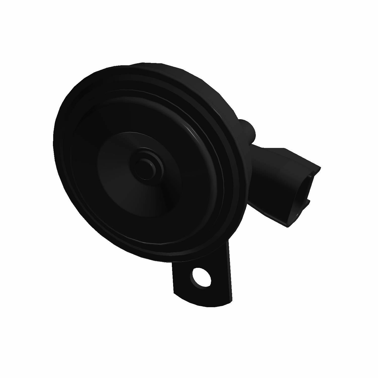 The Disk Horn 76Mm by Polaris is a black circular car horn with a mounting tab and electrical connector, perfect as an OEM replacement for Indian motorcycle parts.