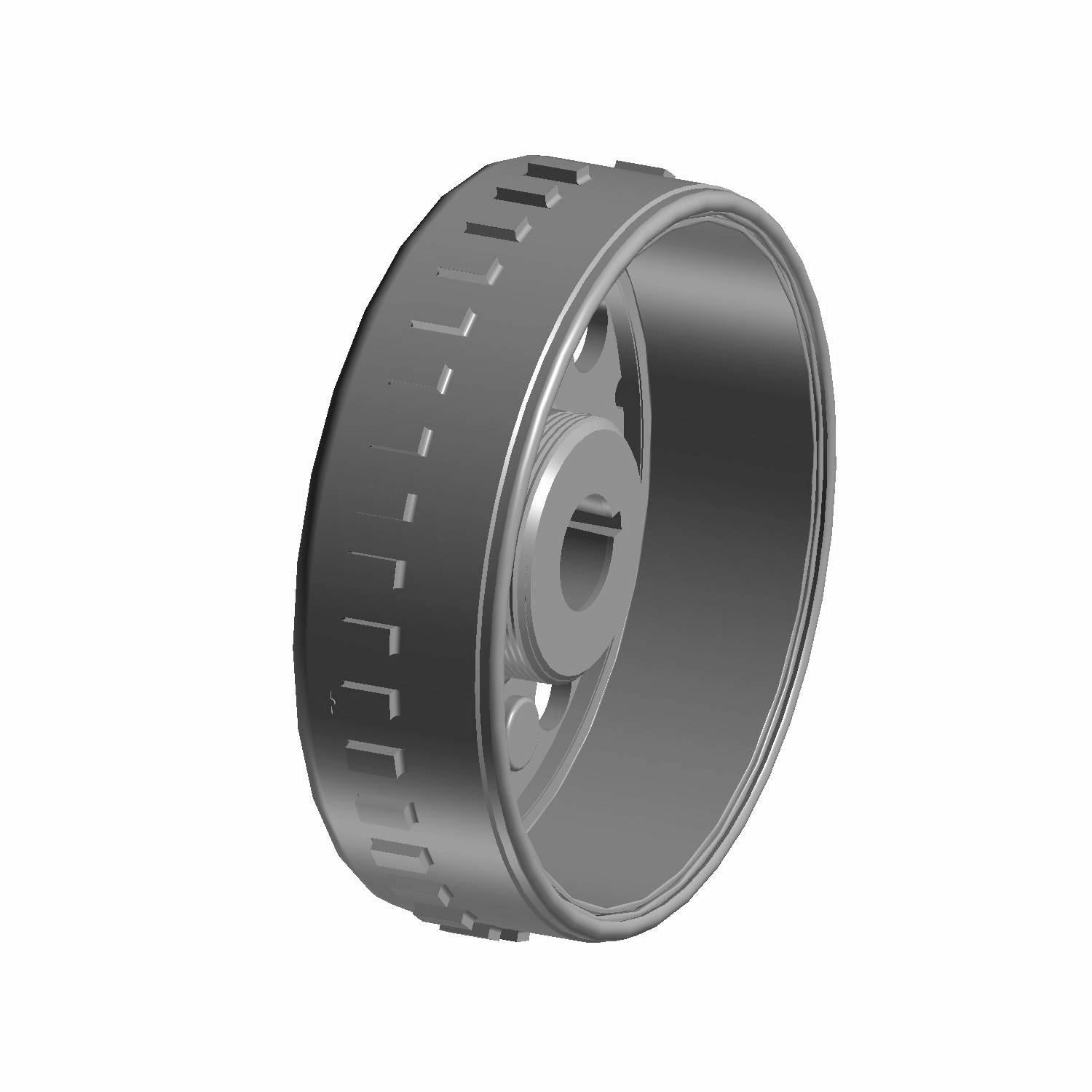 Gray metallic flywheel with evenly spaced rectangular grooves and central mounting hole.
