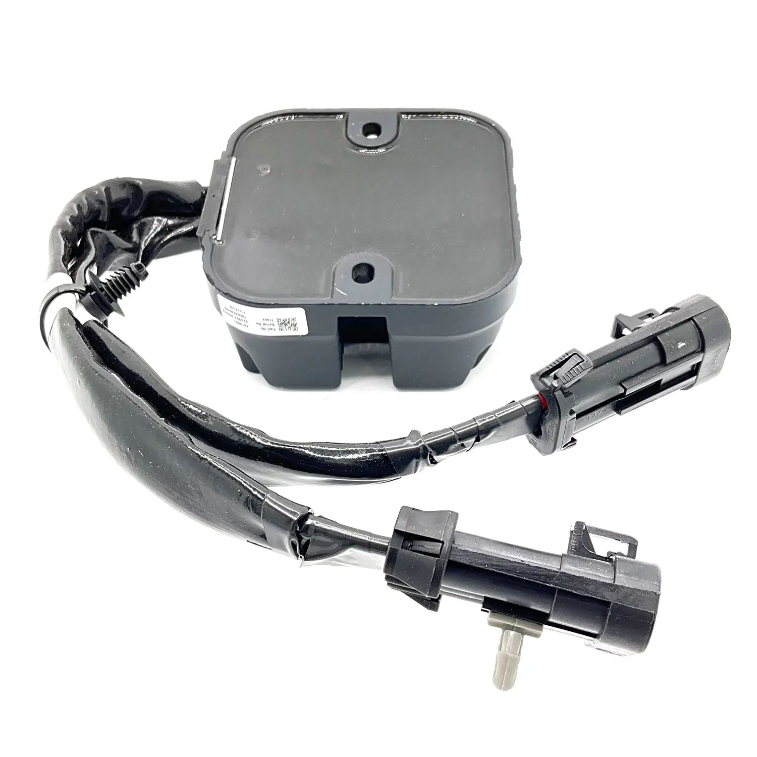 Black rectangular voltage rectifier regulator with attached wiring harness and black plastic connectors.