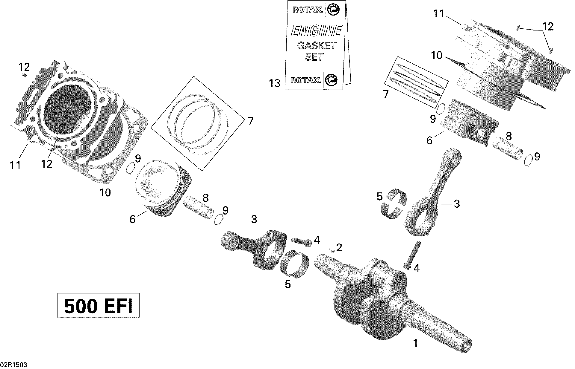 An Image of a Genuine Can-Am Parts Schematic Diagram showing the schematic - CRANKSHAFT PISTON AND CYLINDER _02R1503