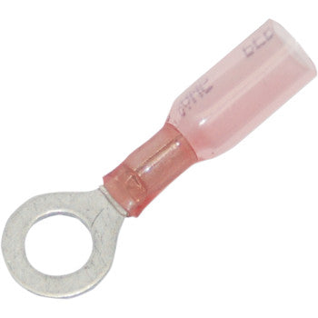 The Namz Ring Terminals 22–18 Gauge (.25") feature a metal ring and pink PVC insulation, providing an affordable solution for connecting wires to screw or stud-type terminals.