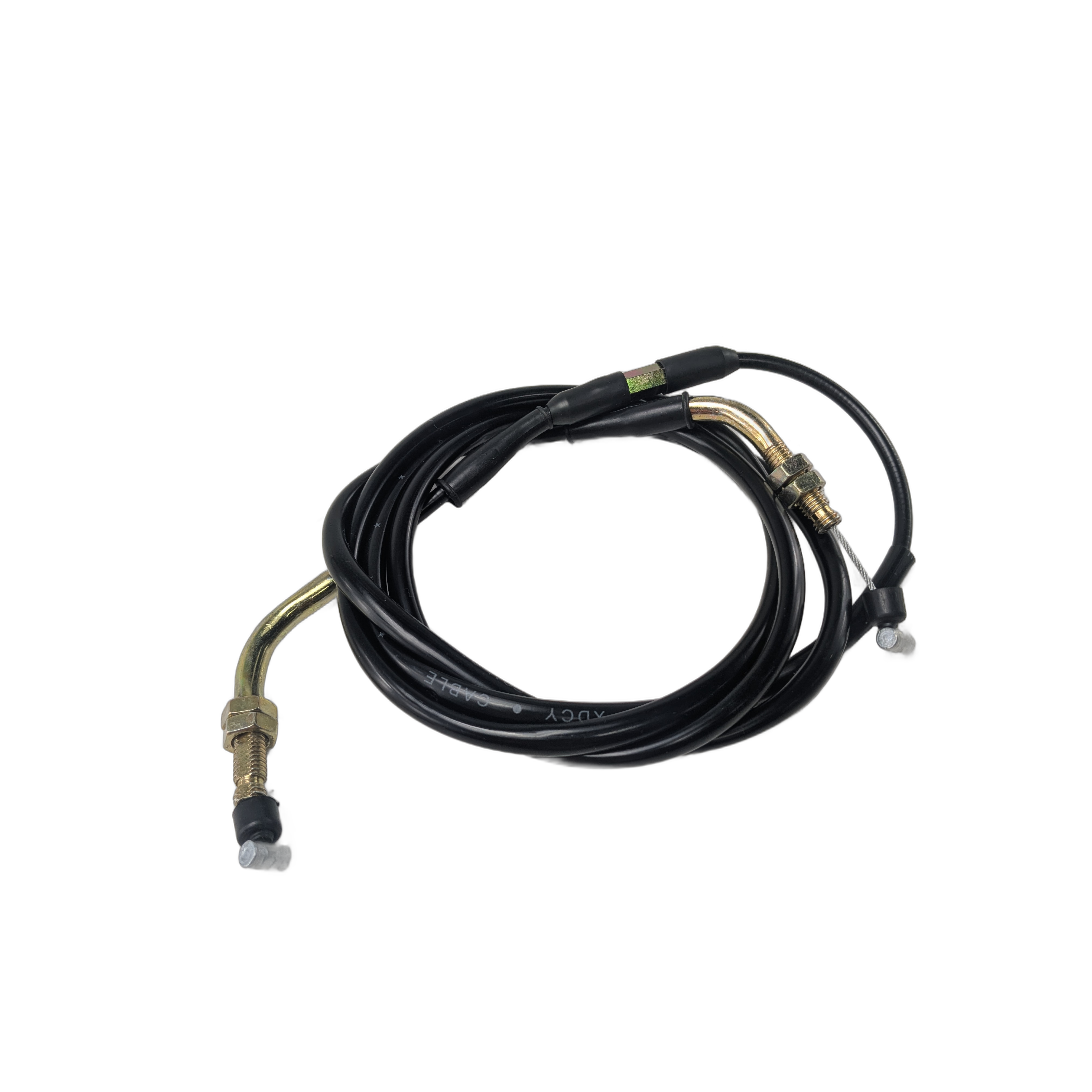 A coiled black Throttle Cable by CFMOTO, with metal fittings and protective caps on both ends, similar to OEM part 4050-101500, isolated on a white background.