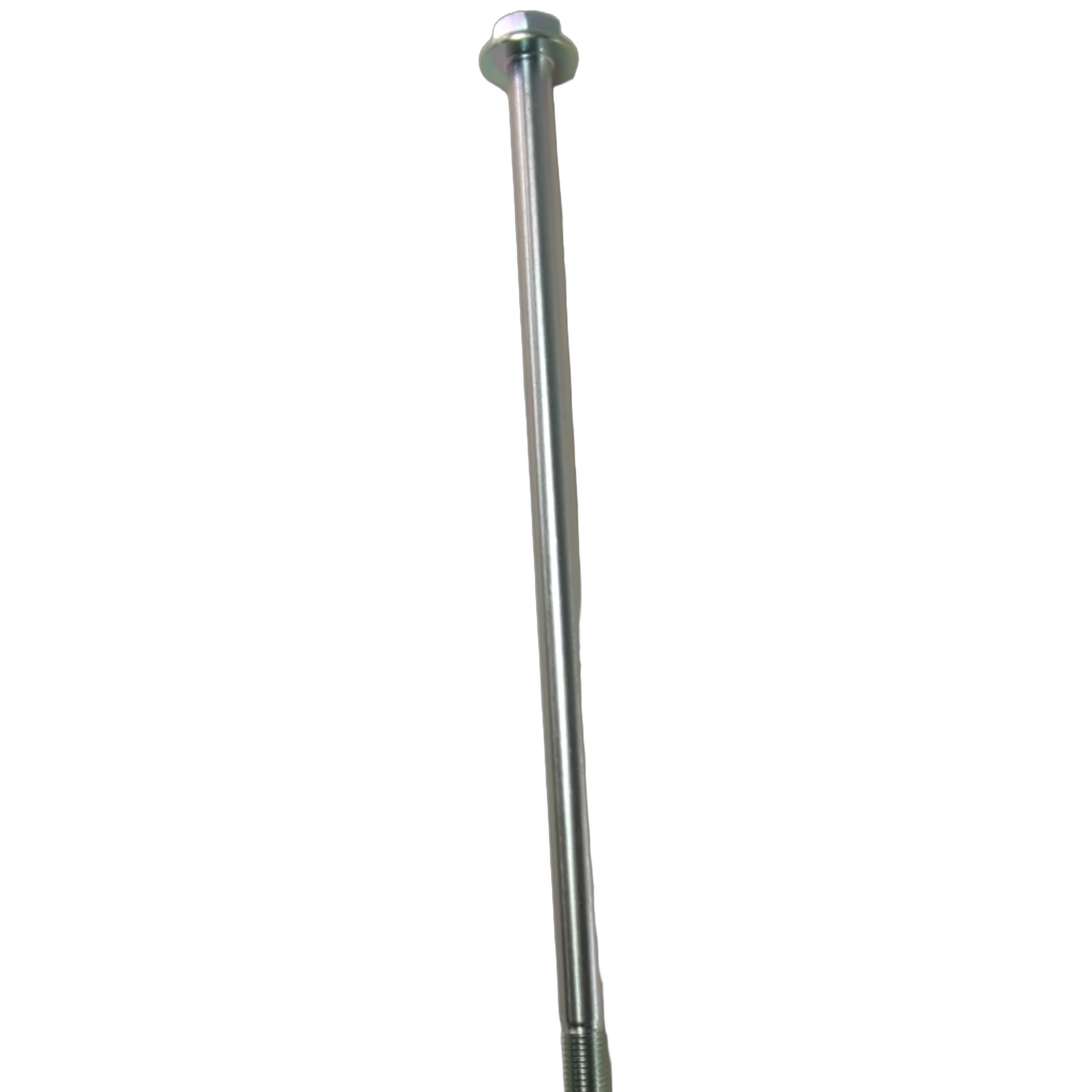 Metal rear A-arm mounting shaft with smooth cylindrical body and flanged head.