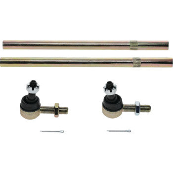 Two metal rods, two tie-rod ends with bolts and nuts, and two small cotter pins are arranged on a white background. This set is the Tie Rod Upgrade Kit by Moose Offroad, suitable for 12 mm mechanical or automotive assemblies.