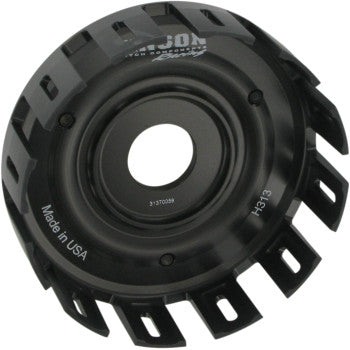 Close-up of a black Clutch Basket by Hinson Racing, crafted from billet T-6 aluminum with vent-like cutouts along the edge. Markings include "Made in USA" and "H313," signifying enhanced clutch performance and quality.