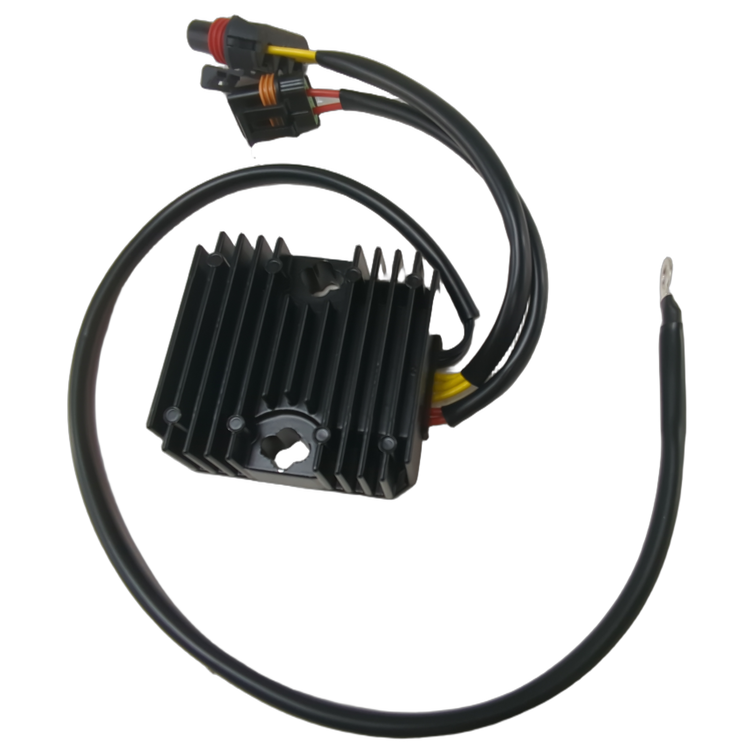 Black rectangular voltage regulator with cooling fins, attached wiring harness with connectors.