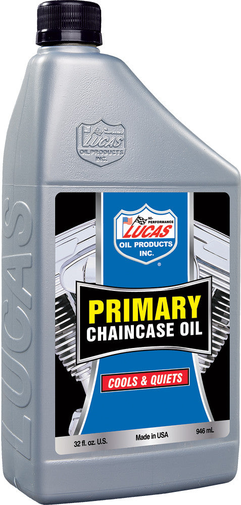 A gray 32-ounce (1 qt) bottle of Primary Chain Case Oil by Lucas Oil, with black cap and a label reading COOLS & QUIETS and Made in USA, features blue, yellow, white, and red accents for high performance and smoother clutch action.