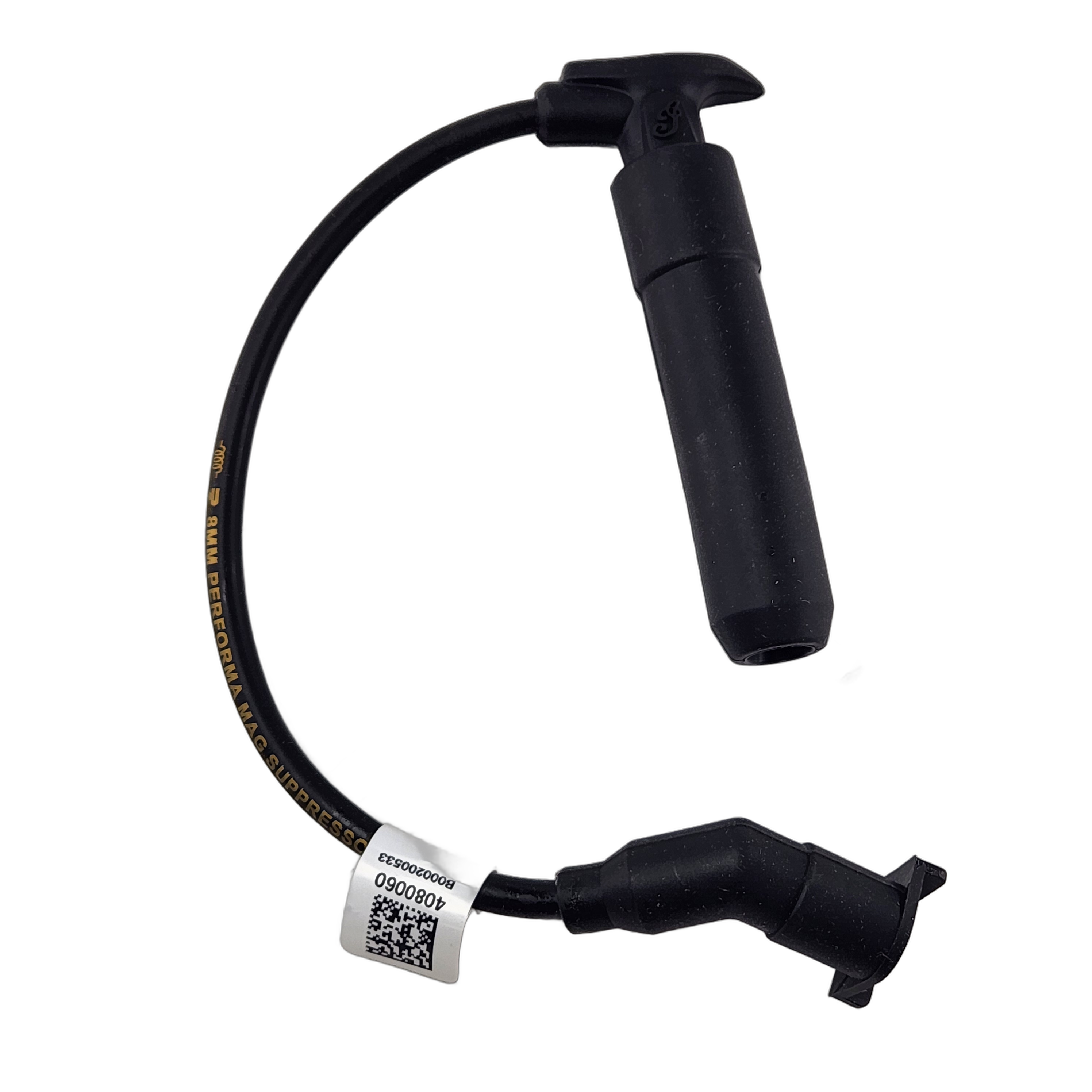 The Lead Spark Plug-Front Cylinder by Polaris is a black OEM spark plug wire with connectors at both ends, including a cylindrical rubber boot and a bent connector with a white label—perfect for Indian motorcycle parts replacement.