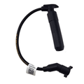 The Lead Spark Plug-Front Cylinder by Polaris is a black OEM spark plug wire with connectors at both ends, including a cylindrical rubber boot and a bent connector with a white label—perfect for Indian motorcycle parts replacement.