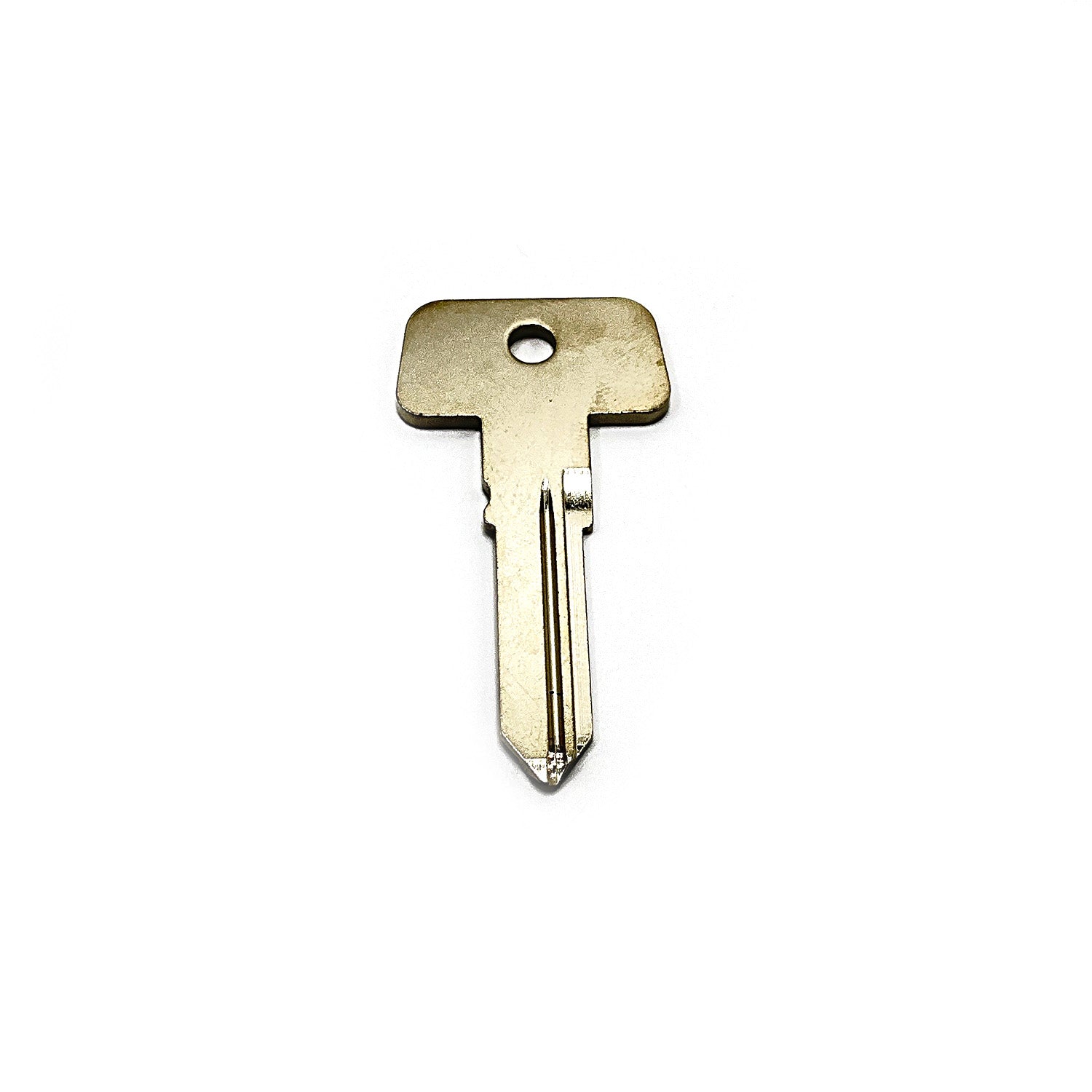Silver metal key blank with rectangular bow and small hole near the top center.