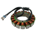 Circular stator coil with copper wire windings and attached black electrical wires with connectors.