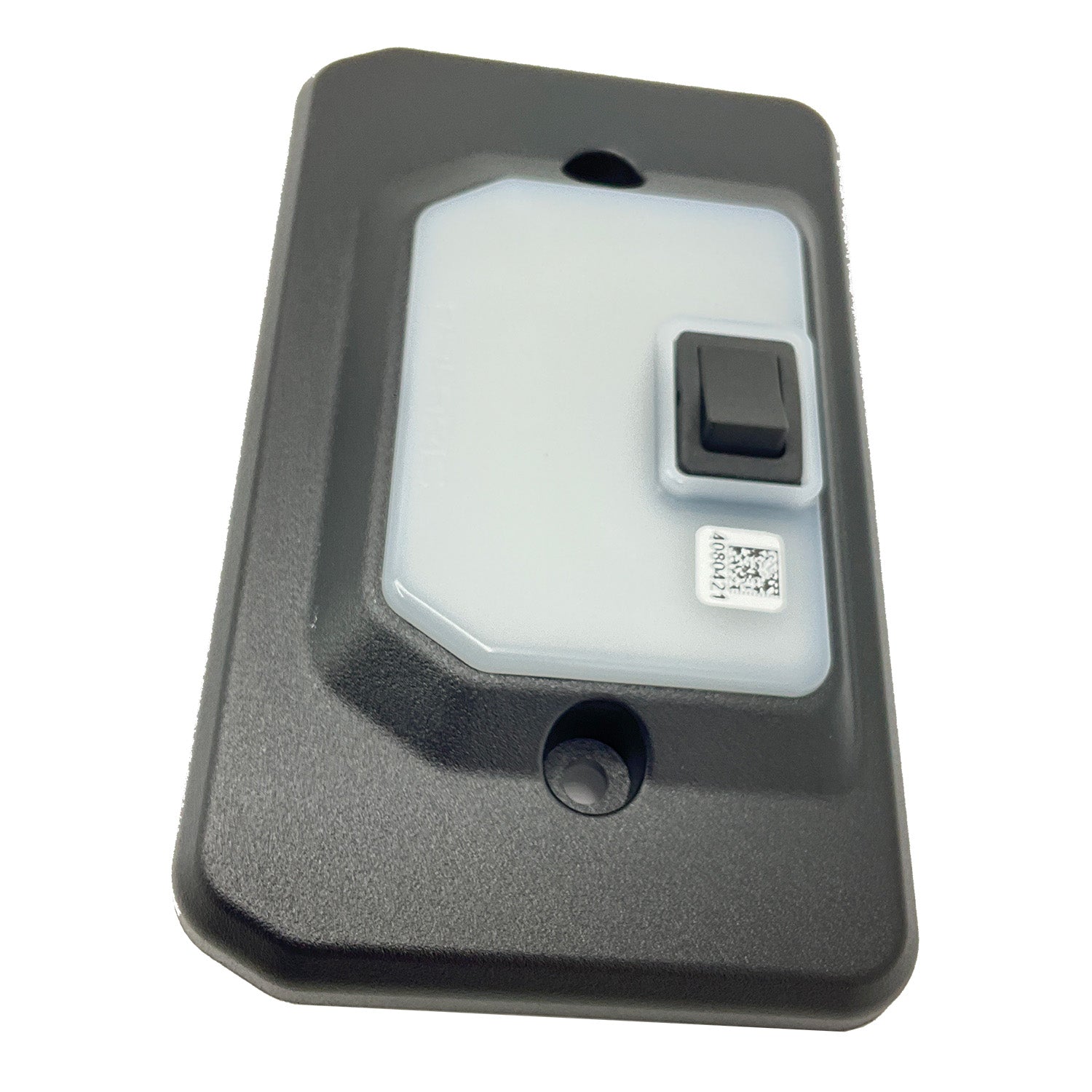 Rectangular black overhead LED light with white diffuser and black on/off switch.