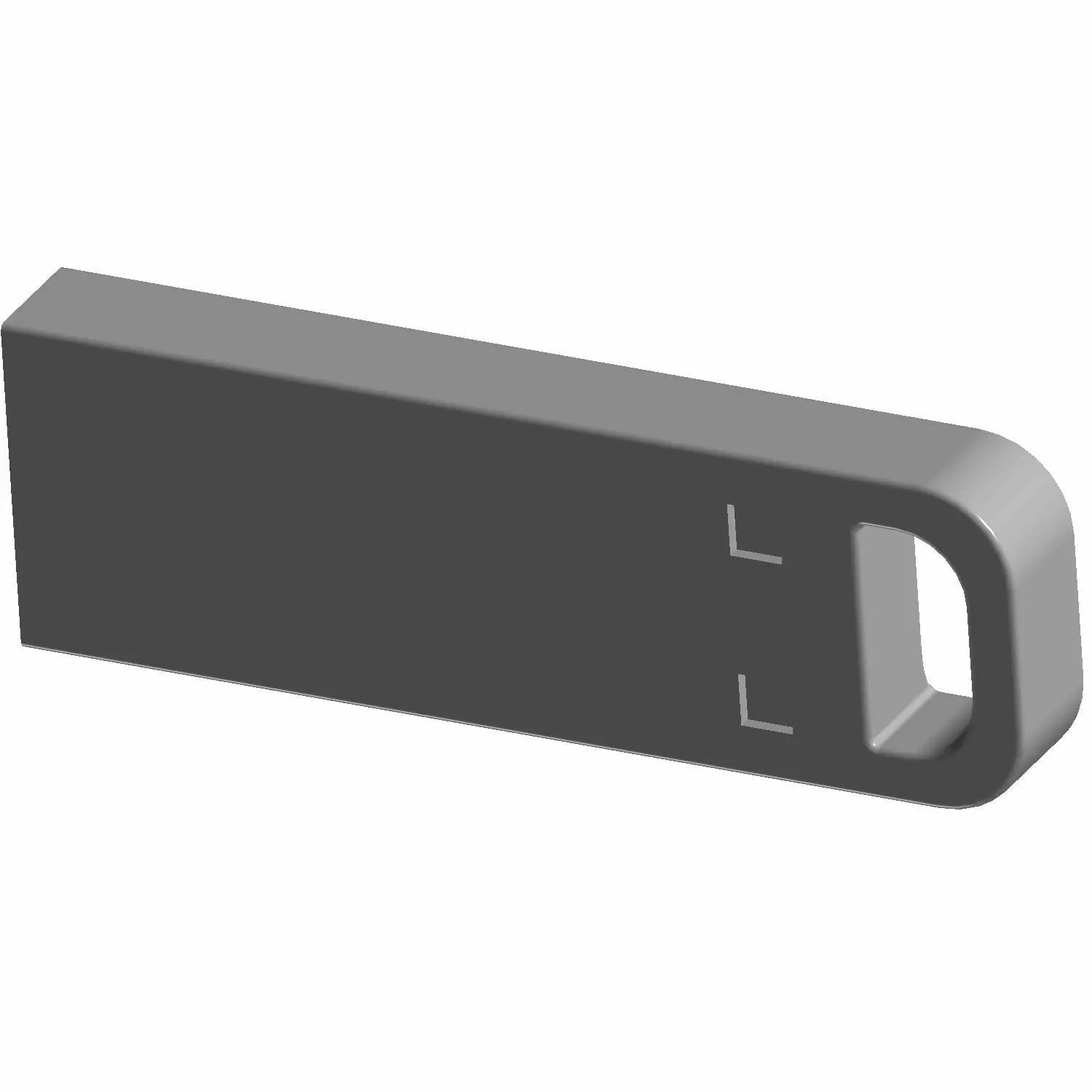 A 3D-rendered image of the Drive-Usb,Kingston,Indian,32Gb by Polaris shows a rectangular, gray, metallic device with a rounded end, a rectangular hole near the curved edge, and two small L-shaped markings on one side.