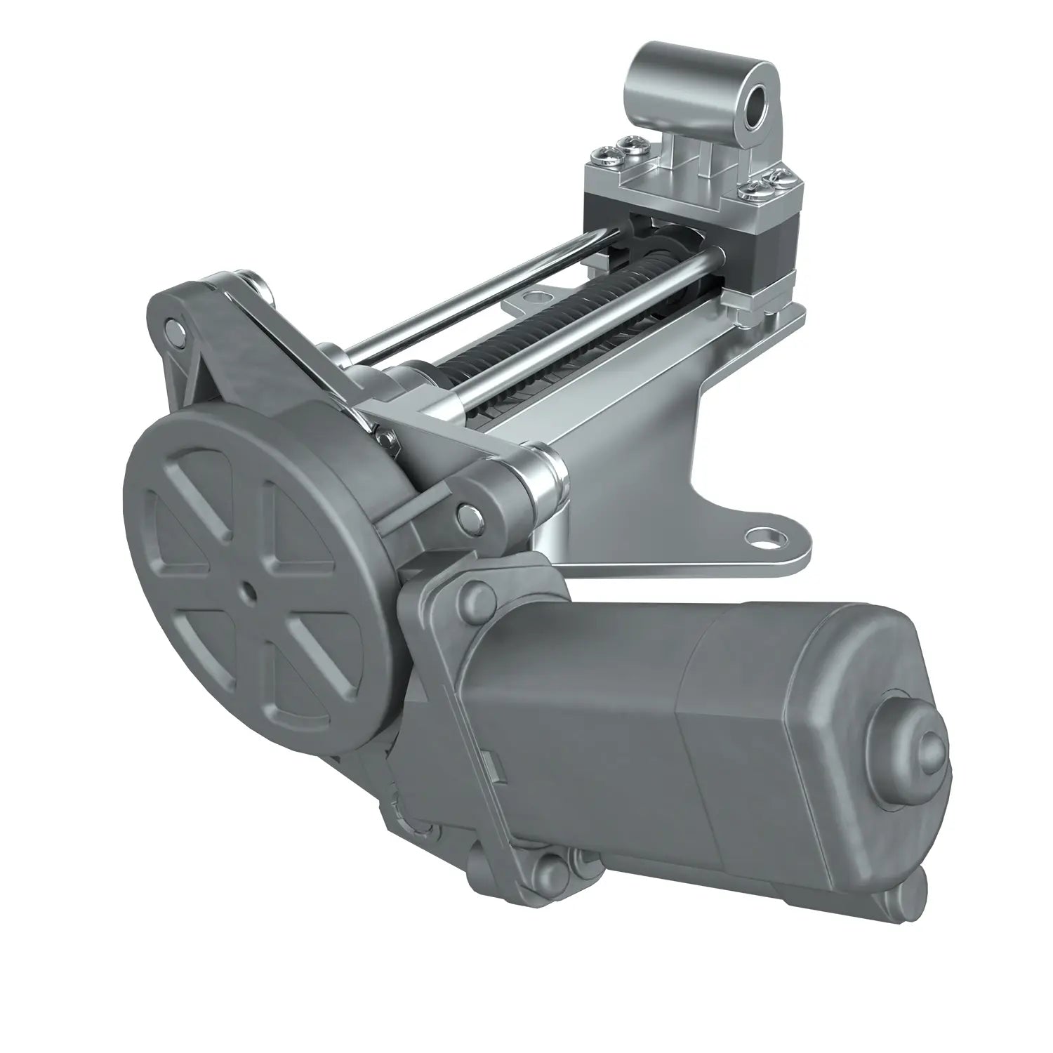 Gray metal windshield motor with cylindrical and rectangular housing, mounting bracket attached.