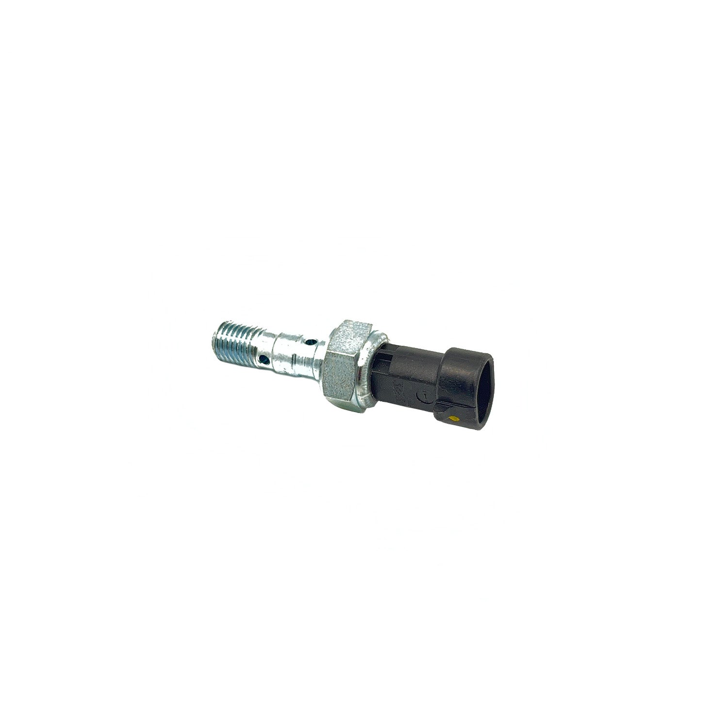 Metal brake switch with threaded M10 x 1.25 silver body and black plastic connector end.