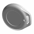 Black round 2-button remote control fob with keyring slot and screw detail.