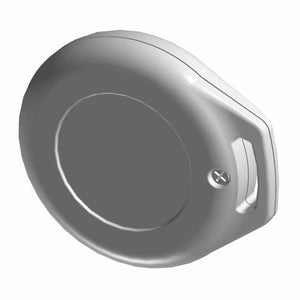 Black round 2-button remote control fob with keyring slot and screw detail.