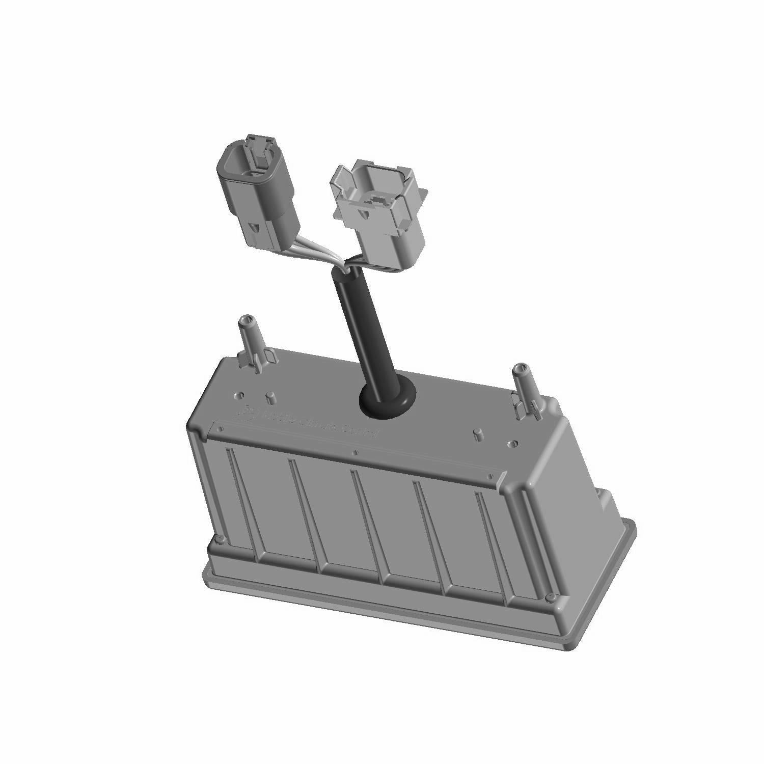 Gray rectangular HVAC control module with dual protruding sensor units on a single central stalk.