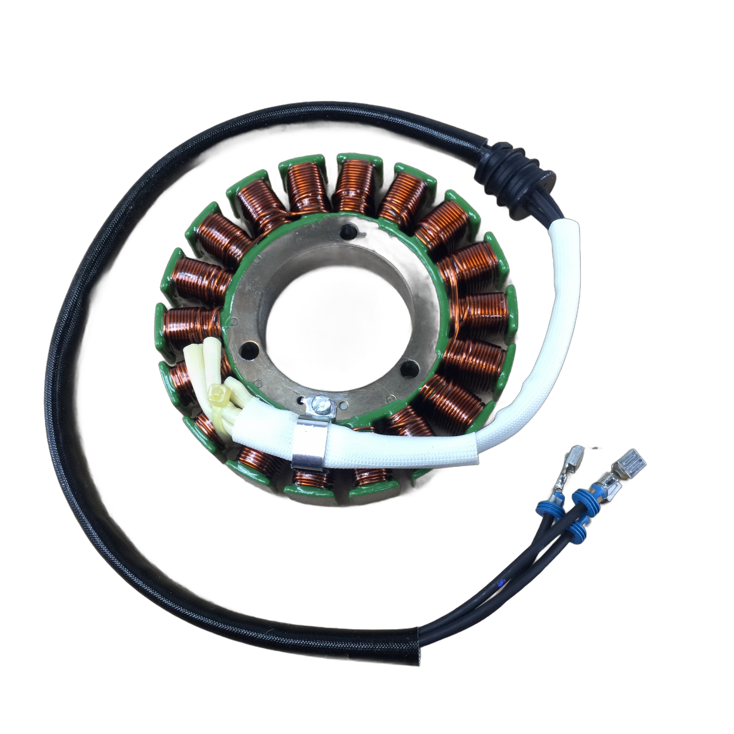 The Stator by Polaris features copper coils in a circular design, attached to a black-and-white insulated cable with dual metal connectors; ideal for those seeking genuine Polaris motorcycle parts, shown isolated on a white background.