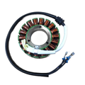 The Stator by Polaris features copper coils in a circular design, attached to a black-and-white insulated cable with dual metal connectors; ideal for those seeking genuine Polaris motorcycle parts, shown isolated on a white background.