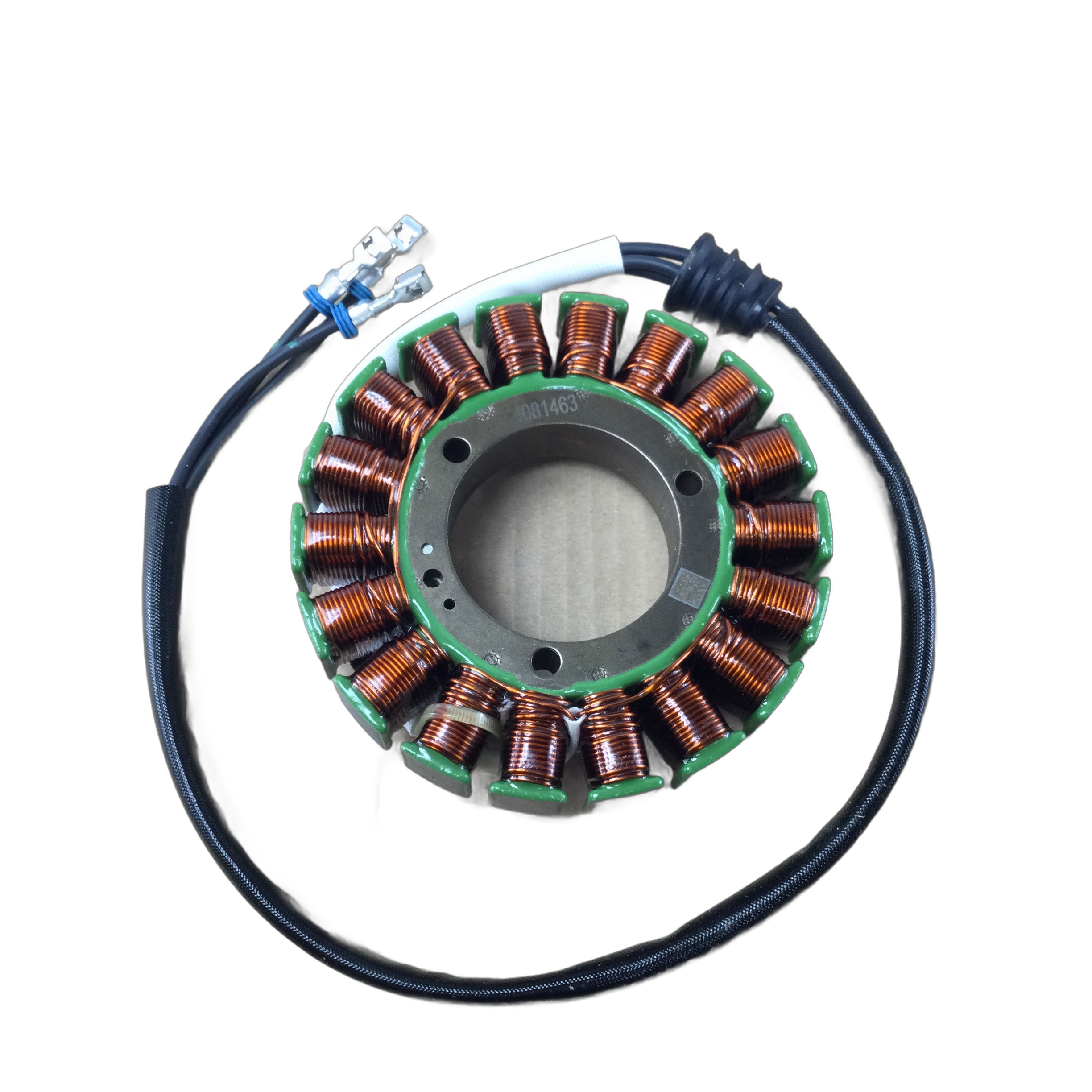 Stator by Polaris—genuine OEM copper coil motor stator with attached black cable and connector, perfect for Polaris or Indian motorcycle parts. Shown on a white background.