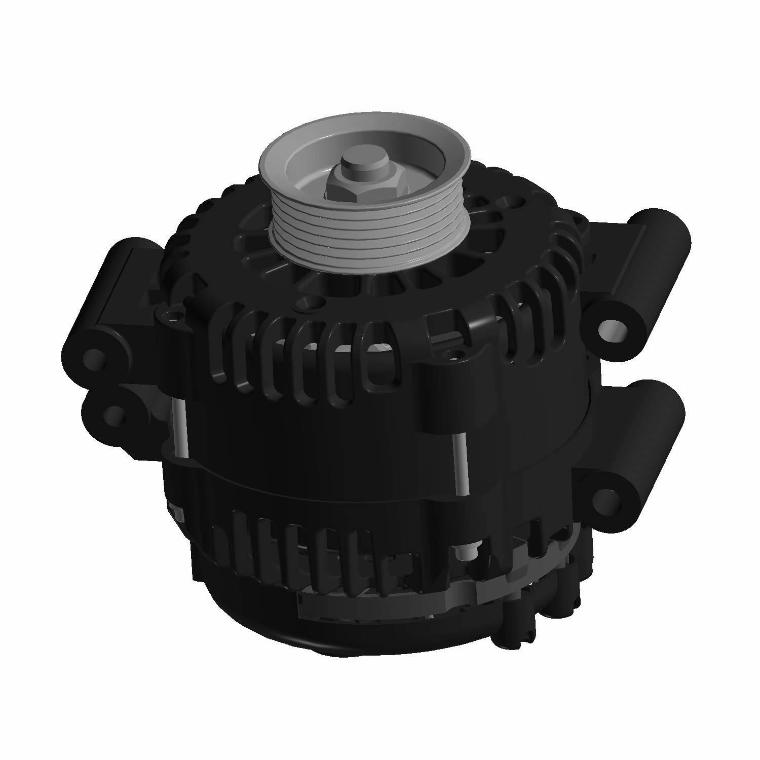 Black and gray round automotive alternator with cooling vents and mounting brackets.
