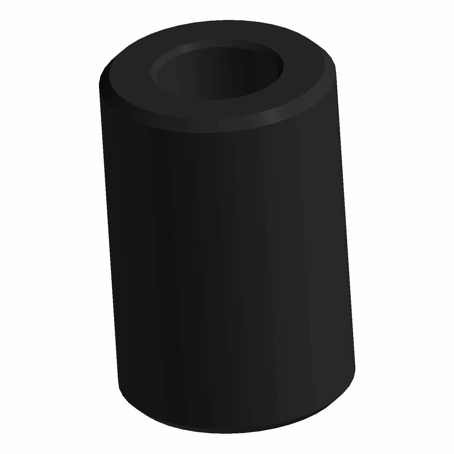 Black cylindrical ferrite harness component with hollow center and smooth surface.