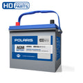 Gray rectangular Polaris AGM sealed battery with blue handle and black and red terminals.