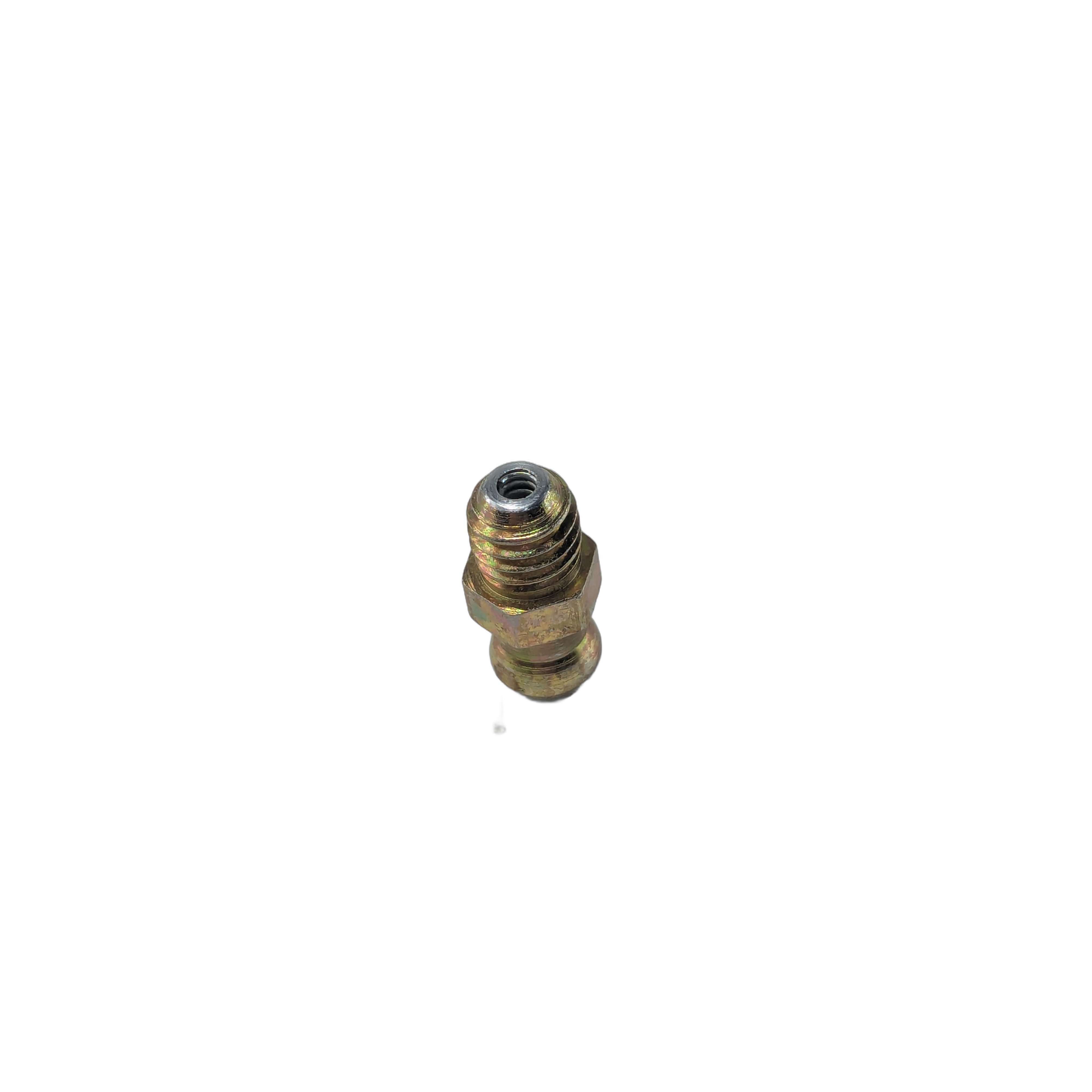 Small metallic grease fitting with a threaded base and rounded nipple tip for lubrication.