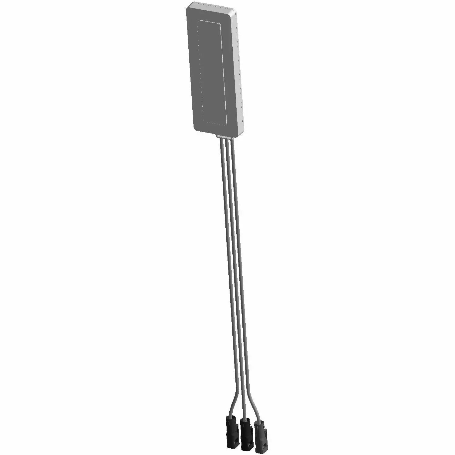 A 3D rendering of the Antenna, 3In1 Gps 2Cell 320Mm by Polaris, a rectangular electronic component with three long metal leads extending downward, each tipped with a black connector.
