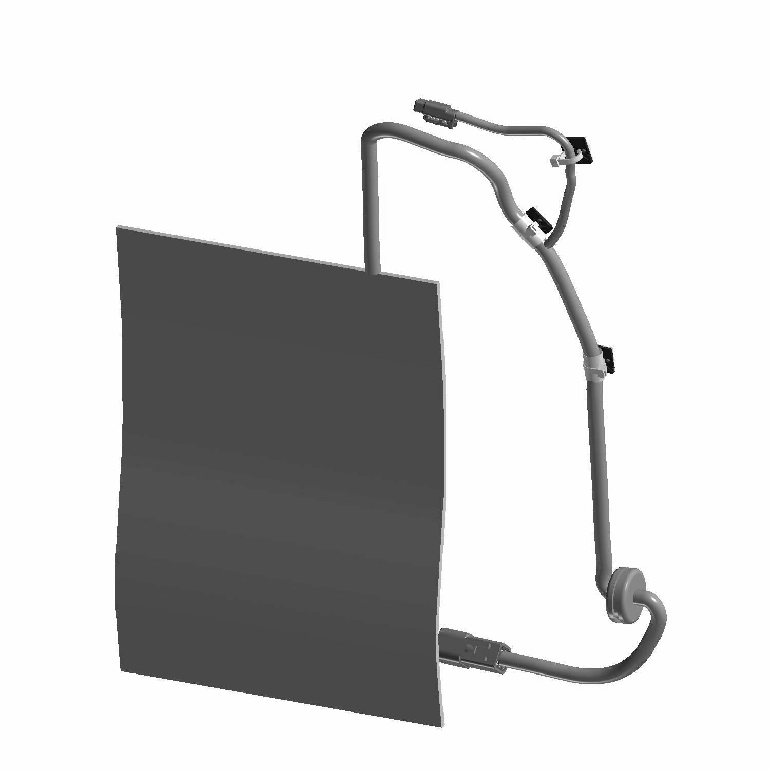 Black rectangular heater seat lower mat with attached gray wiring harness and connectors.