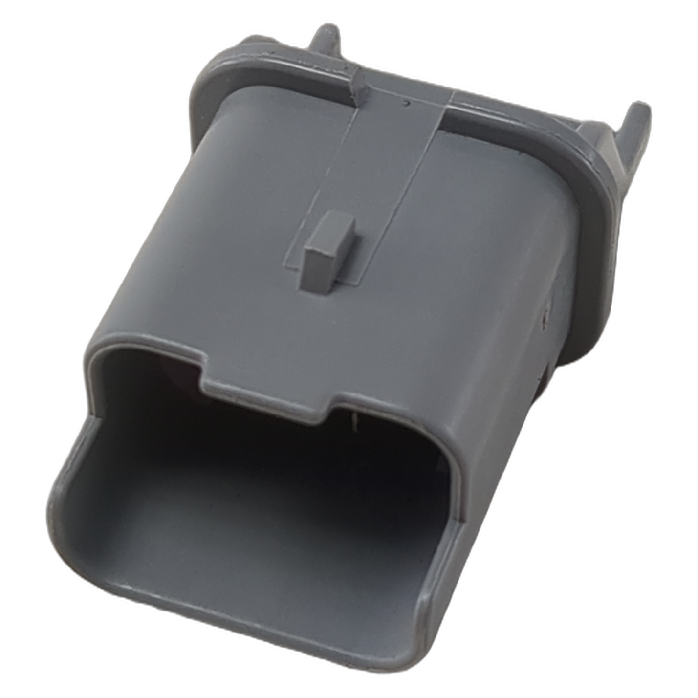Gray rectangular plastic connector cap with a small clip on top and tapered open end.