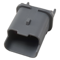 Gray rectangular plastic connector cap with a small clip on top and tapered open end.