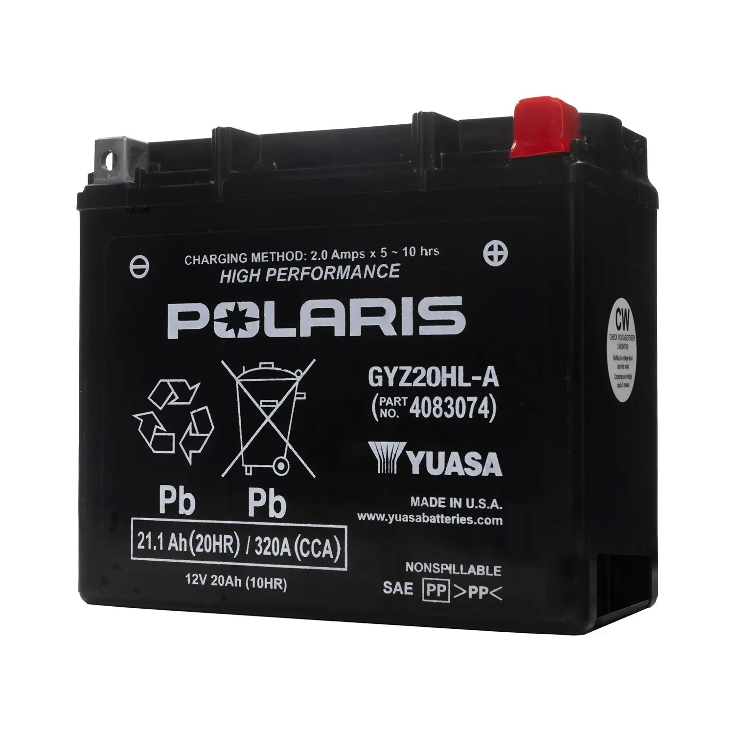 The Battery Yuasa GYZ20HL-A V1 by Polaris is a high-performance black OEM battery with a red cap on the top right terminal—ideal as an Indian Motorcycle Battery replacement.