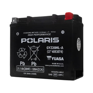 Black rectangular Polaris high-performance motorcycle battery with red positive terminal cap and white printed.