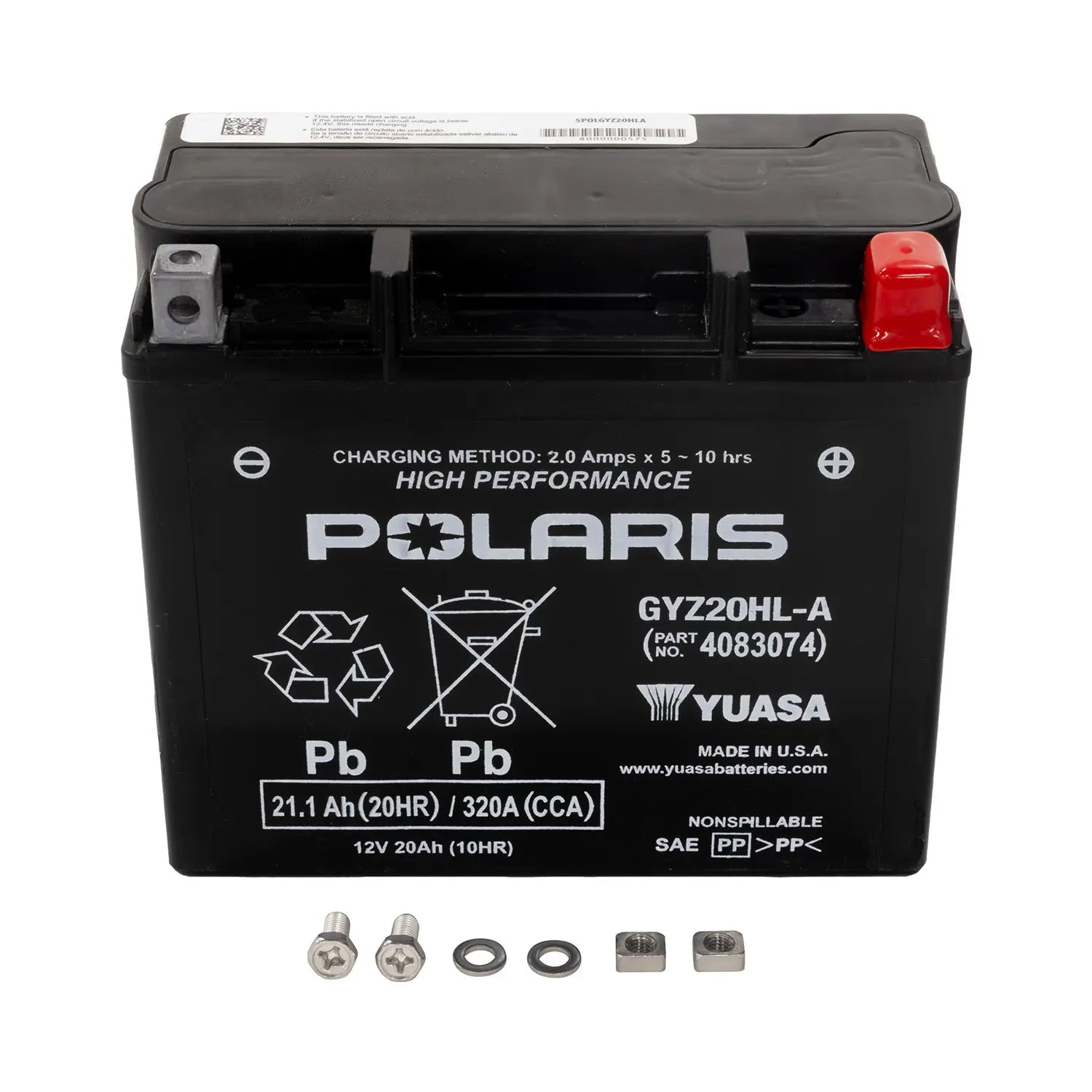 Black rectangular Yuasa GYZ20HL motorcycle battery with Polaris branding and red positive terminal cap.