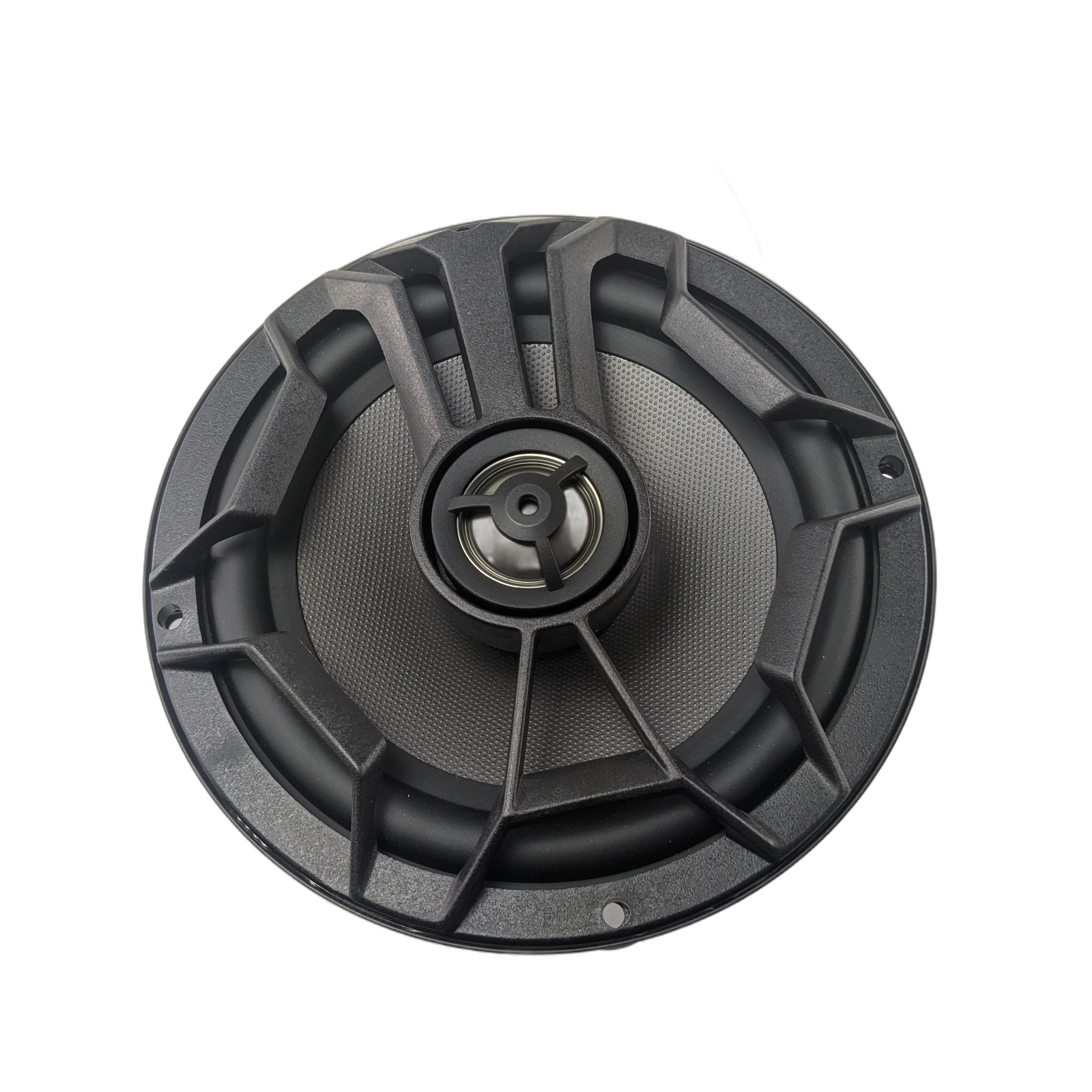 The Speaker, 6.5" 100W Amp 2.0 V2 by Polaris is a round black car audio speaker with a mesh center and geometric grille, viewed from above—compatible as an Indian Motorcycle or Polaris OEM part, ideal for 6.5" 100W amp systems.