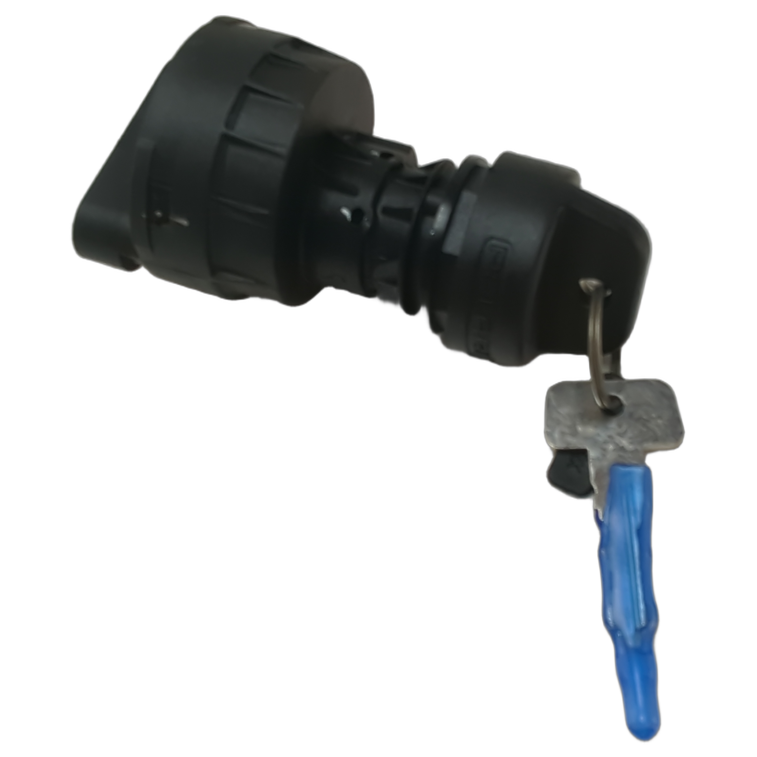 Black cylindrical 4-position key switch with attached metal key and blue plastic handle cover.