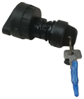 Black cylindrical 4-position key switch with attached metal key and blue plastic handle cover.