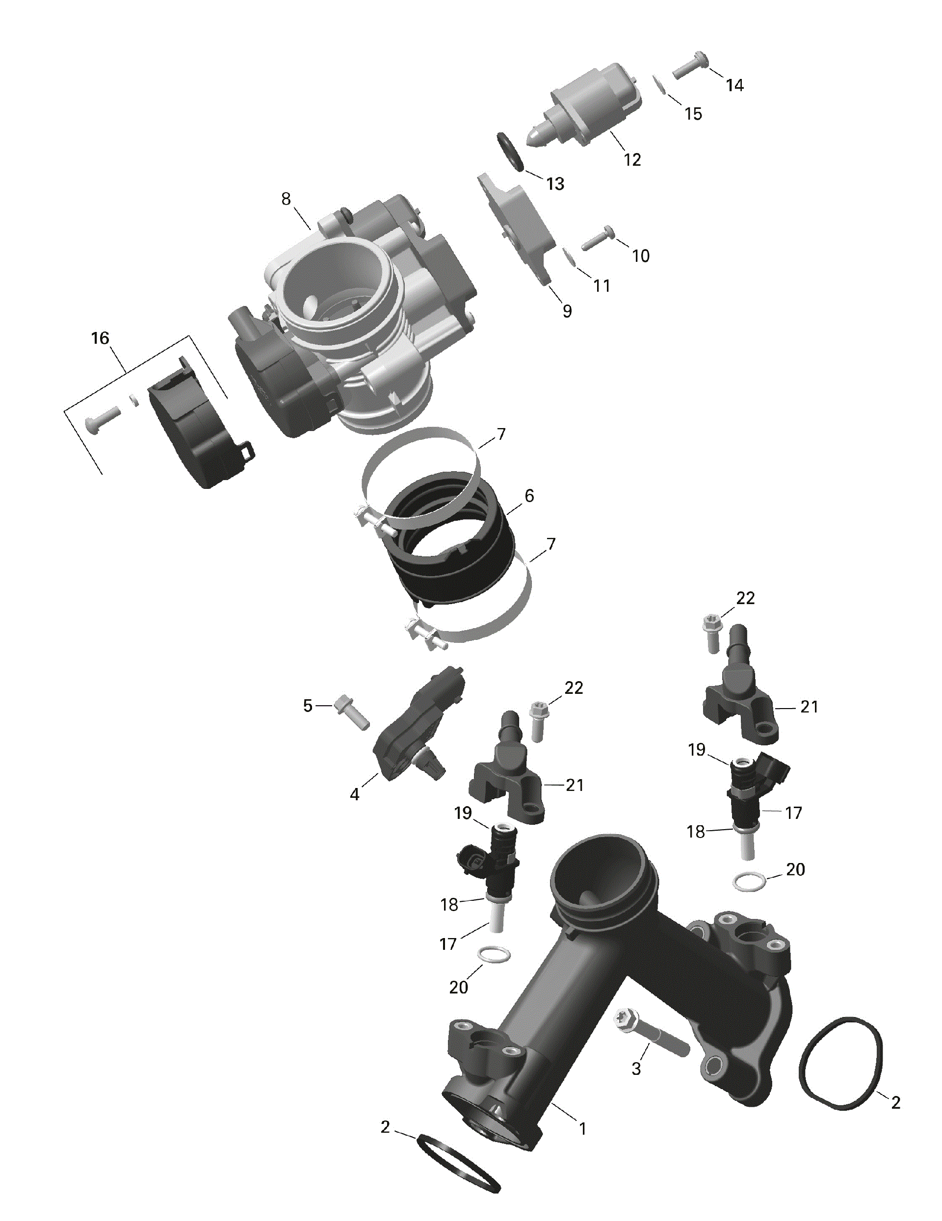 An Image of a Genuine Can-Am Parts Schematic Diagram showing the schematic - ROTAX - AIR INTAKE MANIFOLD AND THROTTLE BODY